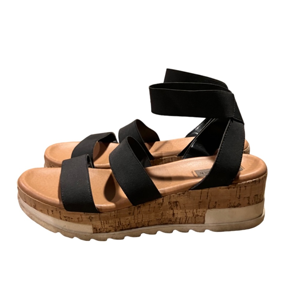 Steve Madden Sandals Platform Heidi Wedge Black Elastic Ankle Band